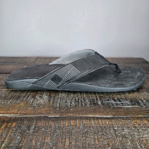 OluKai Tuahine Mens Size 12 Beach Flip Flops Sandals Leather Black - Picture 5 of 11